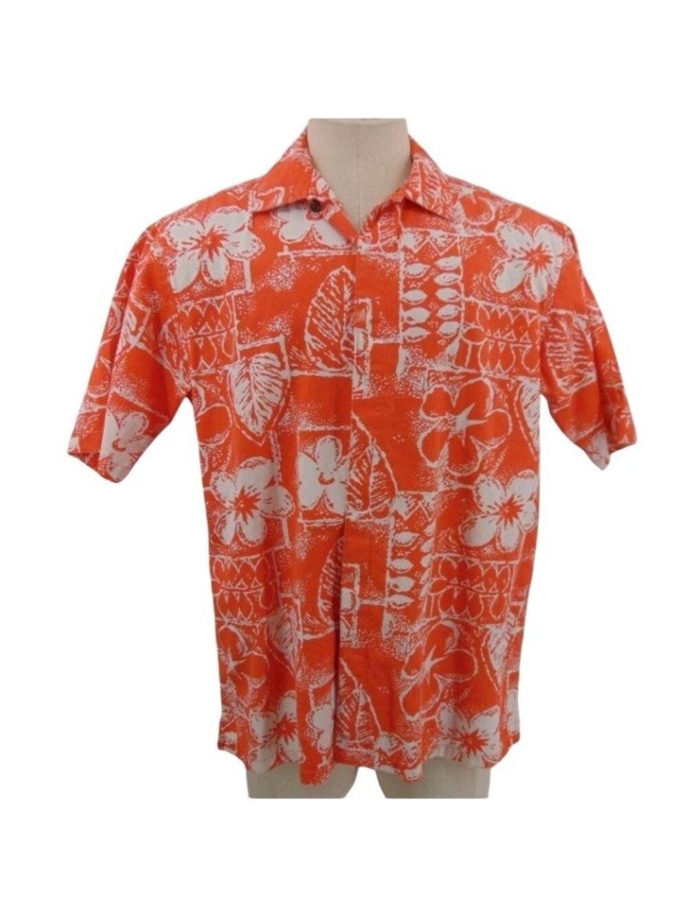 Nautica Orange White Cotton Hawaiian Shirt M Vintage 90s Wood Block Look Print